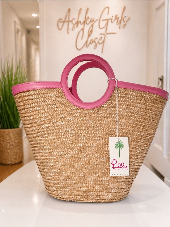 Lilly Pulitzer Handbags - Lilly Pulitzer Woven Straw Tote Bag Pink Handles Palm Beach NWT
